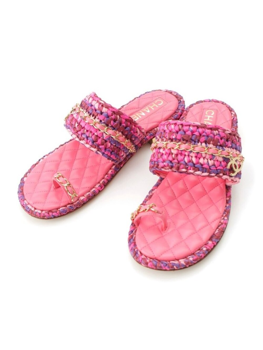 Chanel Leather Tweed CC Logo Chain Flat Sandals Pink 37c